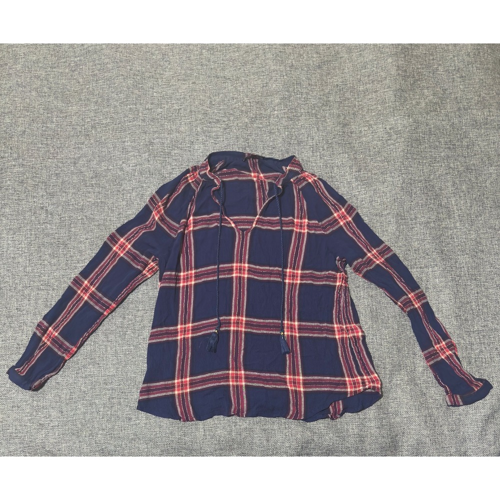 Lucky Brand Women's Size S Plaid Blouse Blue Red Metallic Lurex Tassel Tie